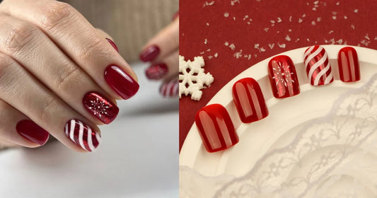 Christmas press on nails featuring festive holiday nail designs with red, gold, and glitter details