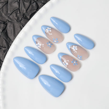 Blue Fower French Tip | Almond | Handmade