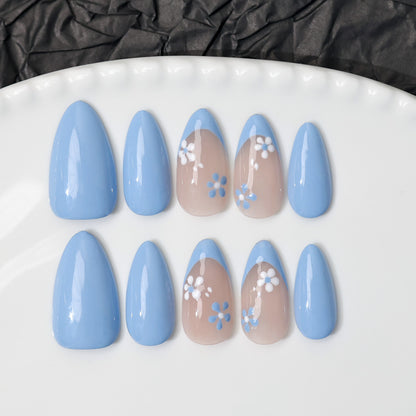 Blue Fower French Tip | Almond | Handmade