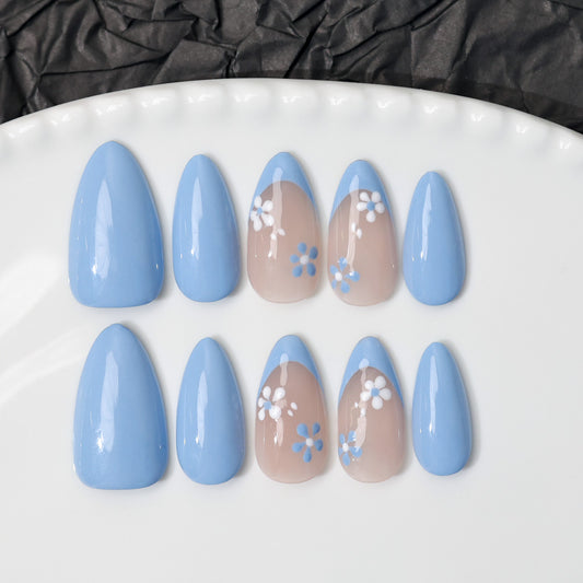 Blue Fower French Tip | Almond | Handmade