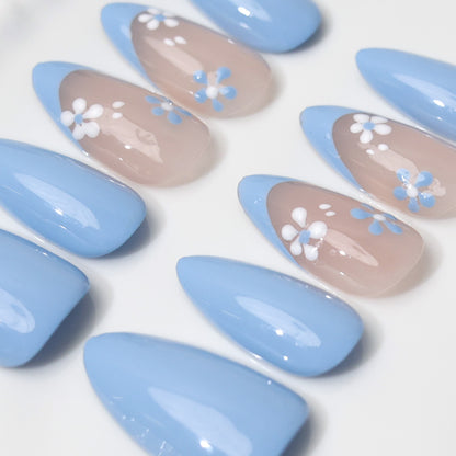 Blue Fower French Tip | Almond | Handmade