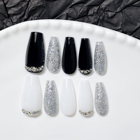 Glitter Black & White | Medium Coffin | Handmade