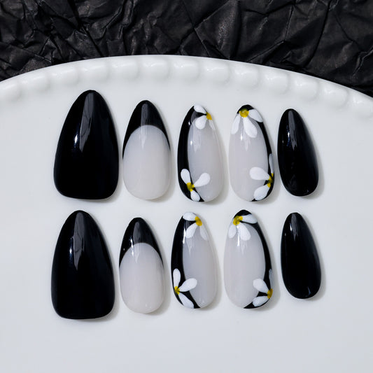 White Flower Black French Tip | Almond | Handmade