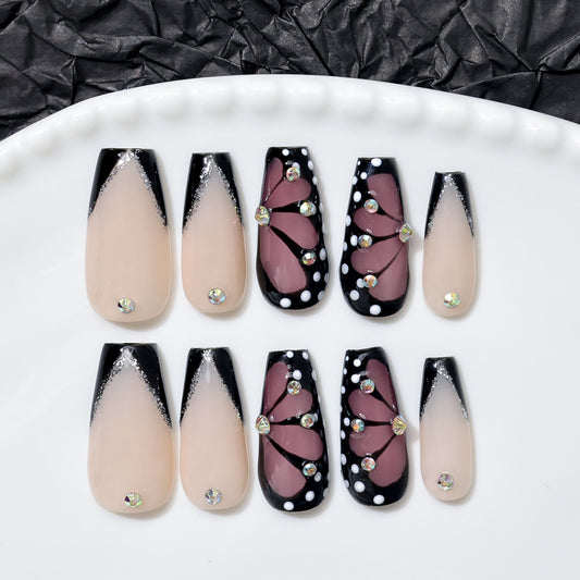 Butterfly french tip  |Medium Coffin  | Handmade