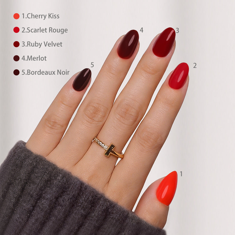 Classic red short almond false nails for an elegant manicure