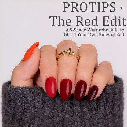 Glossy red almond artificial nails with a classic feminine look