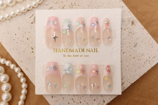 Pink Star French Tip | Medium Coffin | Handmade