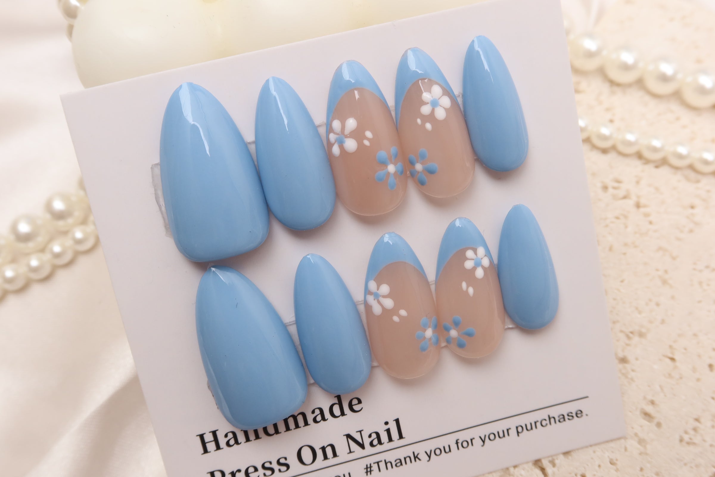 Blue Fower French Tip | Handmade Press on Nail