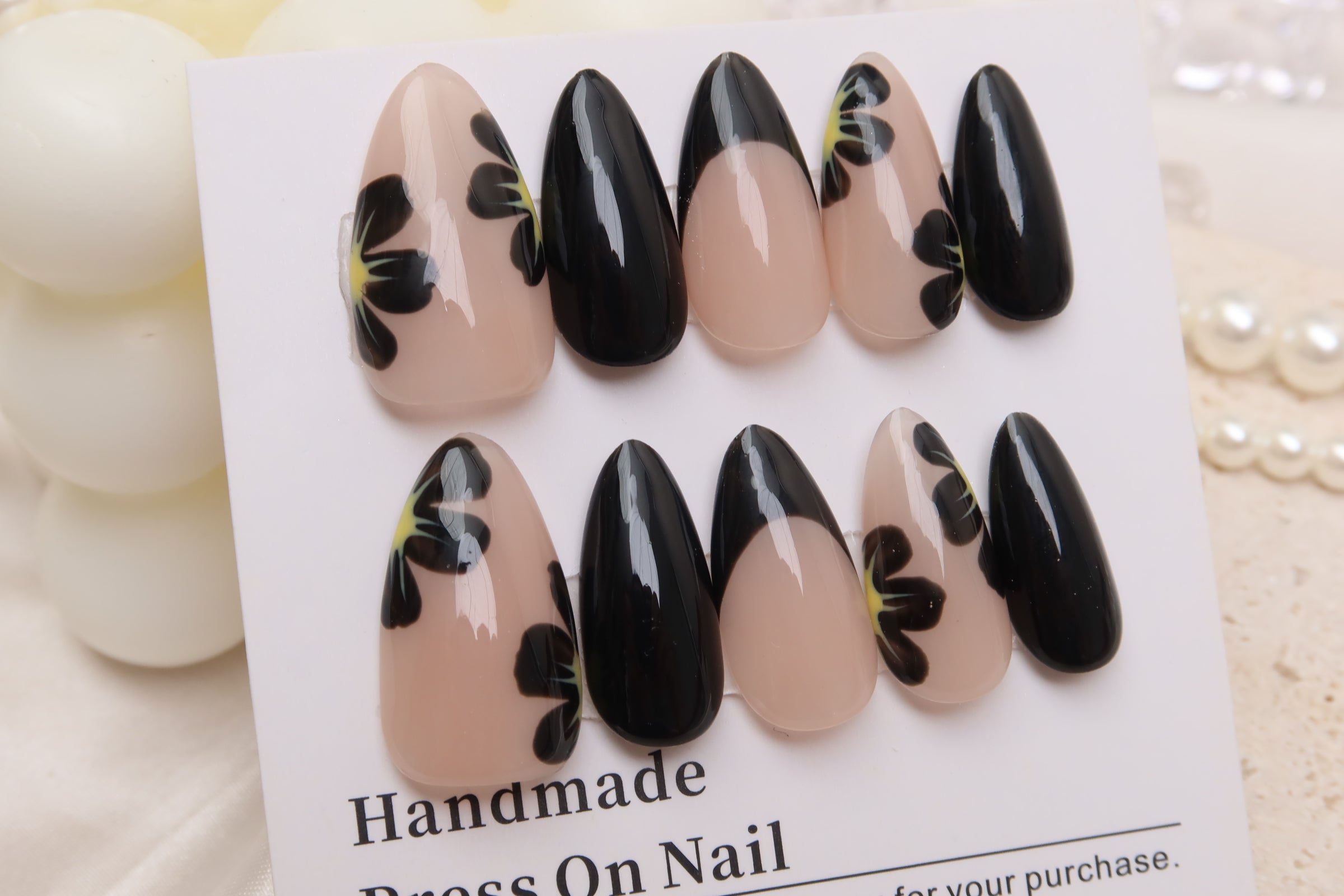 Black Flowers | Handmade Press on Nail