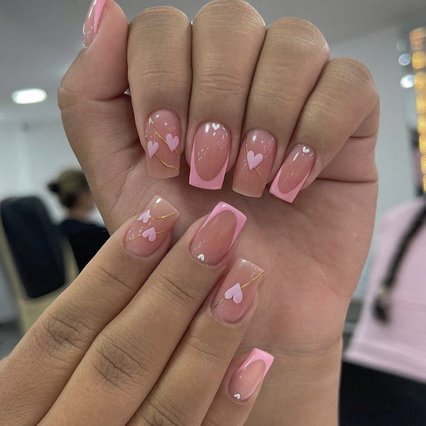 Pink Heart French Tip | Medium Square