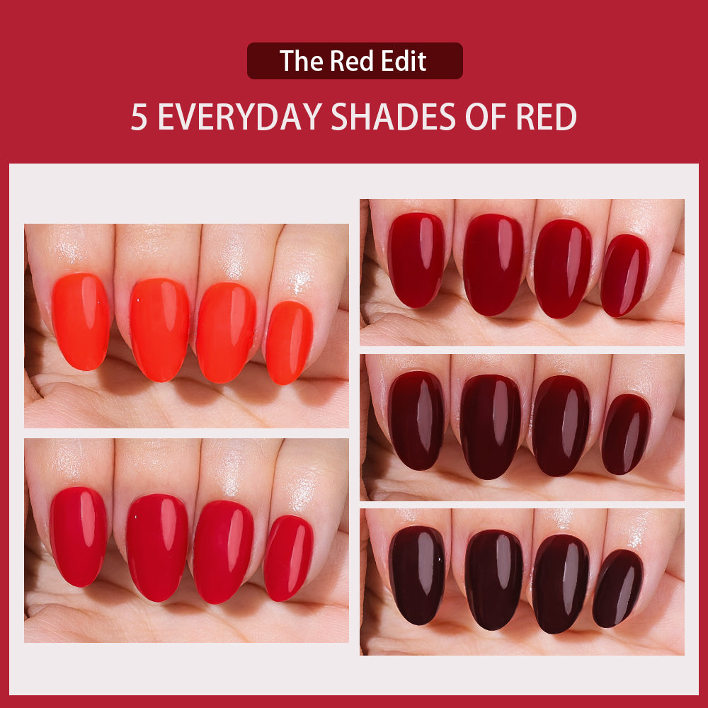Women's short red almond press-on nails for a stylish manicure