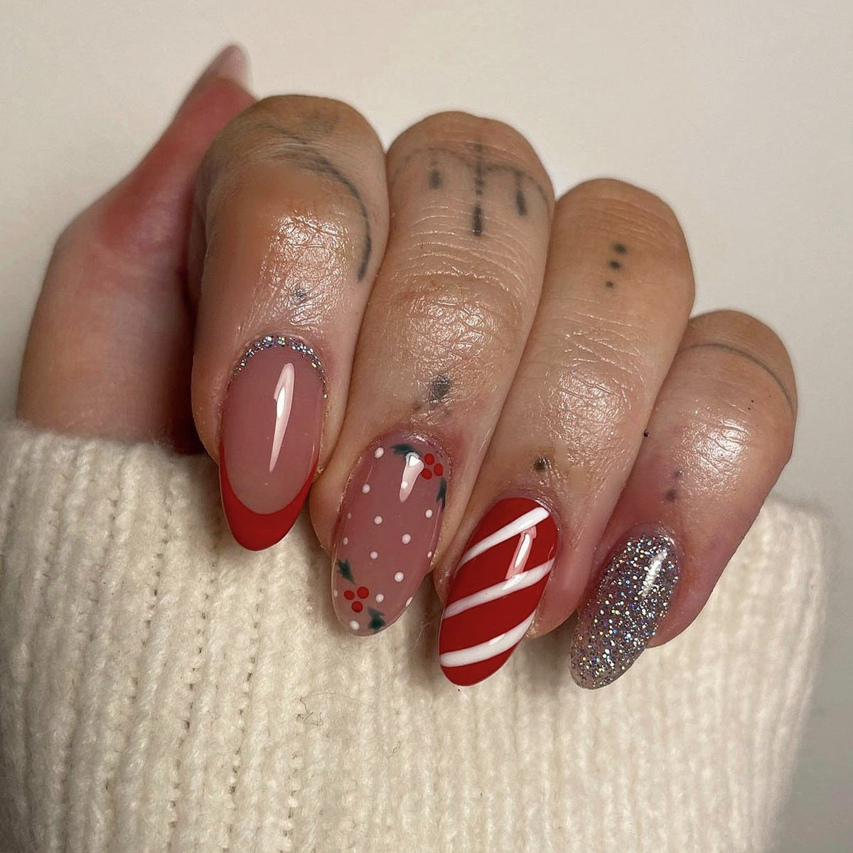 Cherry Haze medium almond Christmas press-on nails by EASY PRESS