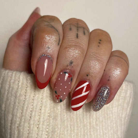 Cherry Haze medium almond Christmas press-on nails by EASY PRESS