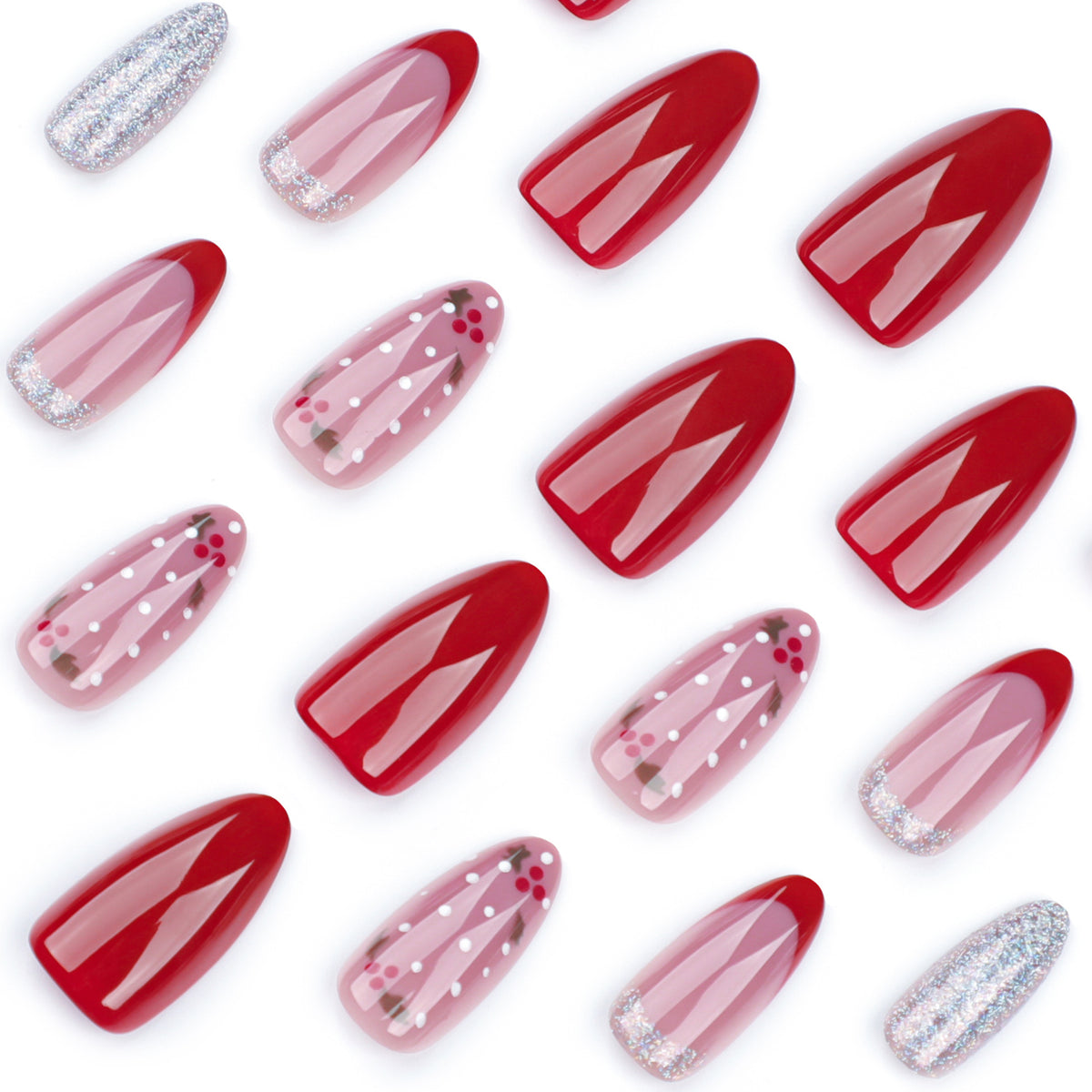Cherry Haze medium almond nail design for the festive season