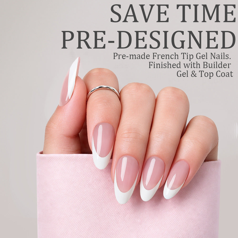 Classic pink French tip press-on nails in a medium almond shape