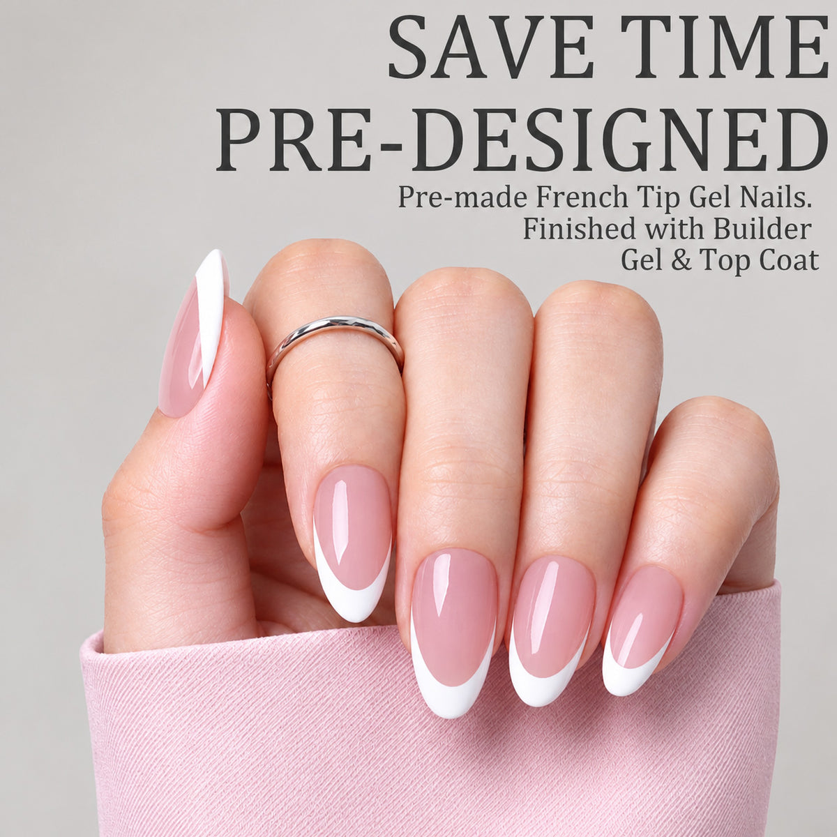 Elegant short almond nails with a timeless French manicure design