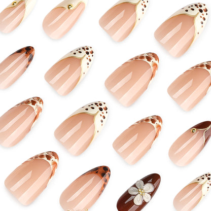 Medium almond press-on nails in the Mocha Pearl design