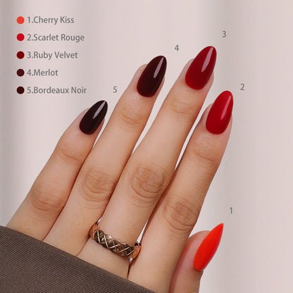 Medium almond false nails in The Red Edit style