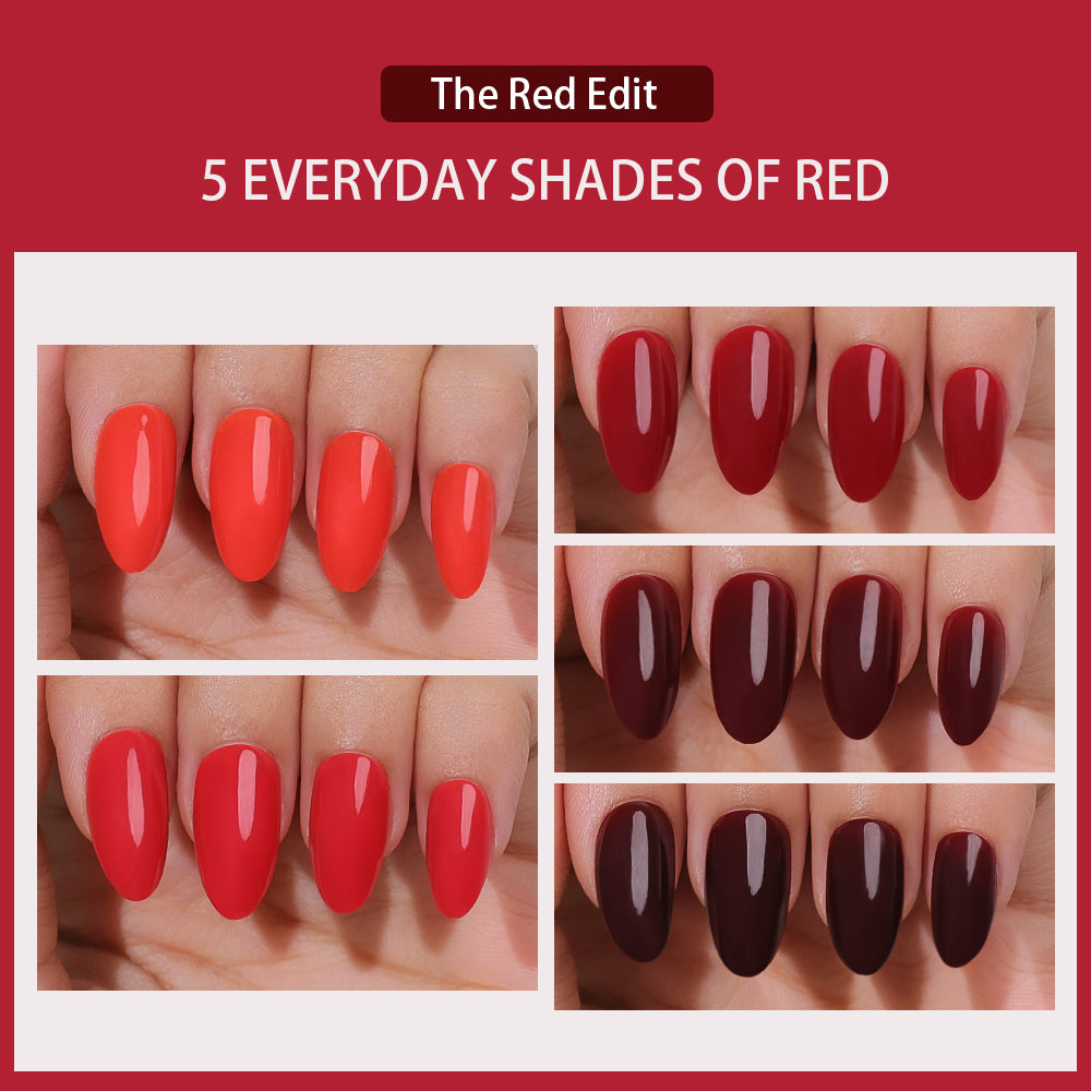 Medium almond nails in a bold red manicure style