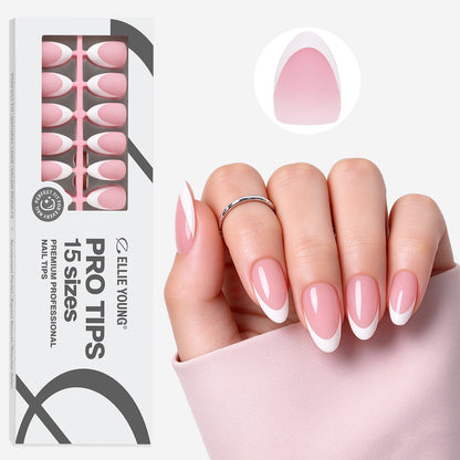 Natural-looking pink French tip press-on nails in a short almond shape