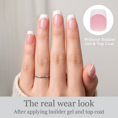 Natural-looking pink French manicure with a short square nail shape