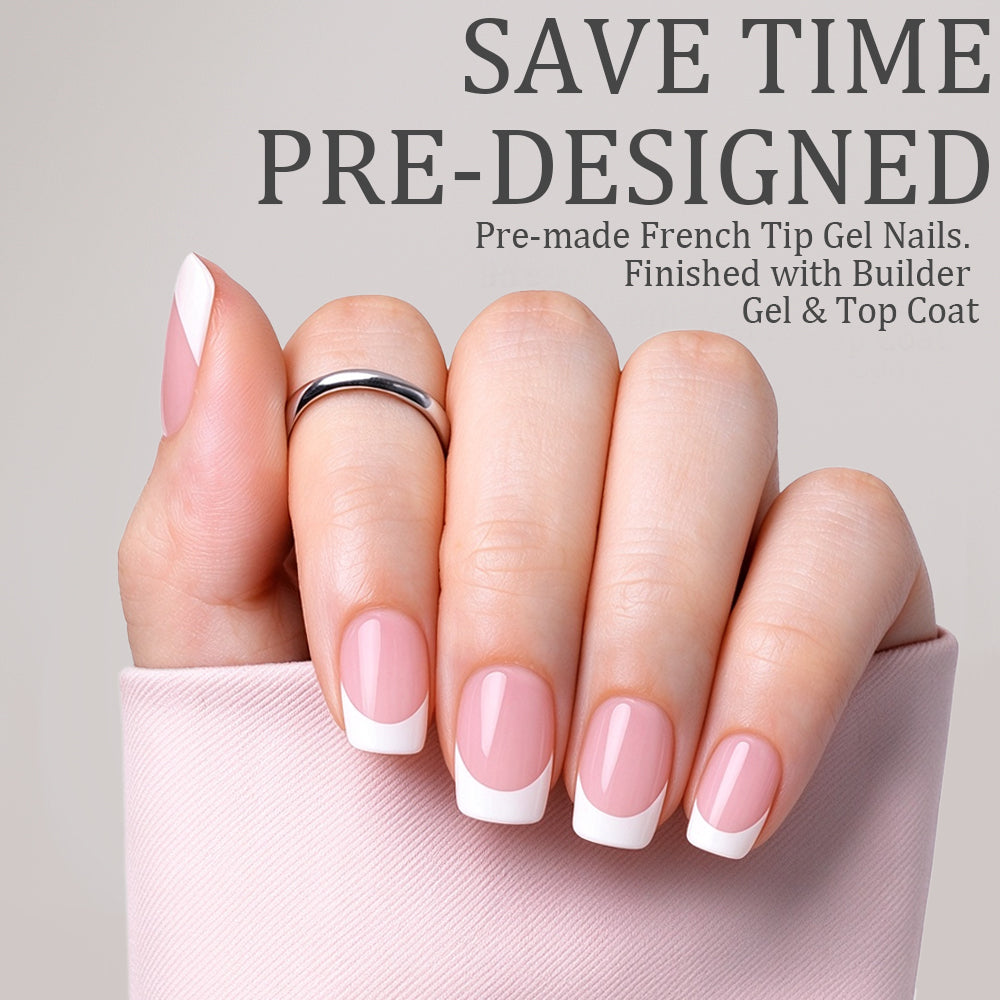Elegant pink French tip nails in a short square shape