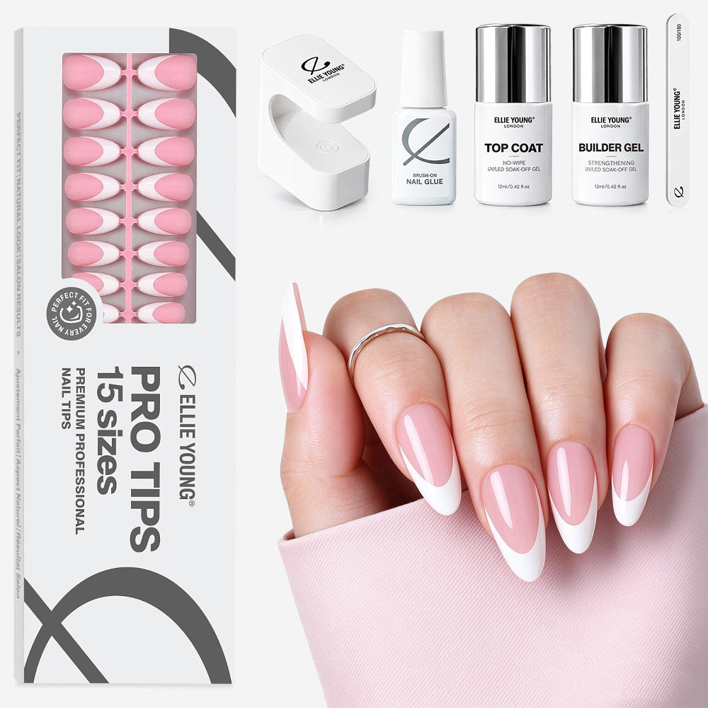 Pink Base French Tip Medium Almond ProTips press-on nails by Ellie Young Beauty