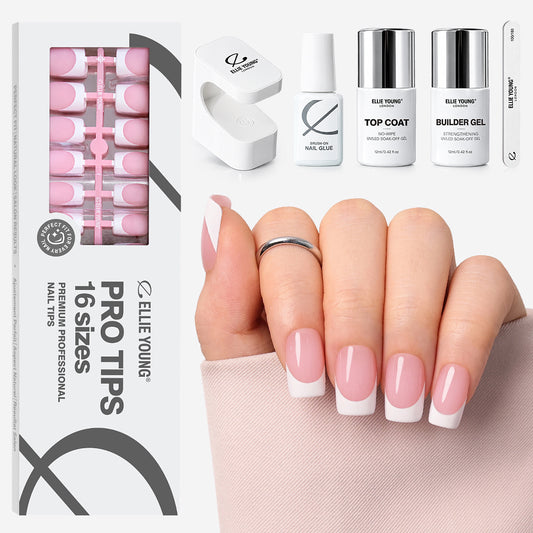 Pink Base French Tip Medium Square ProTips press-on nails by Ellie Young Beauty