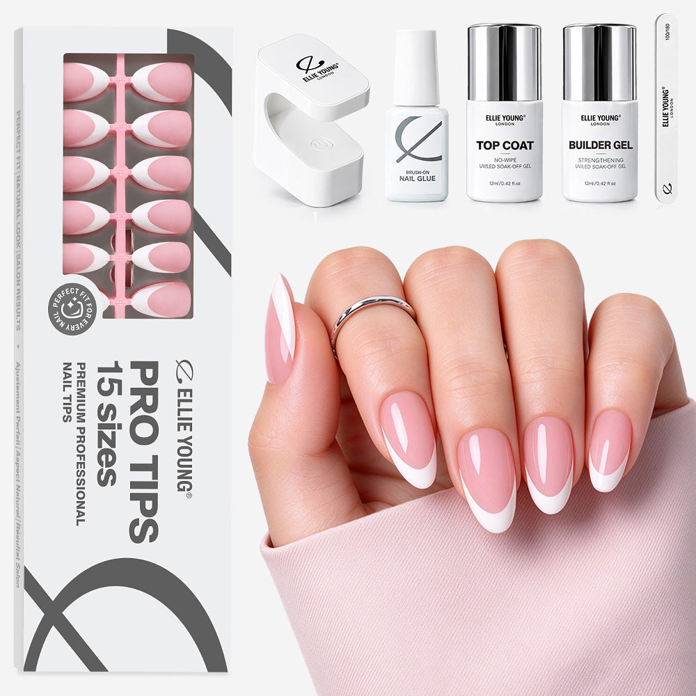 Pink Base French Tip Short Almond ProTips press-on nails by Ellie Young Beauty
