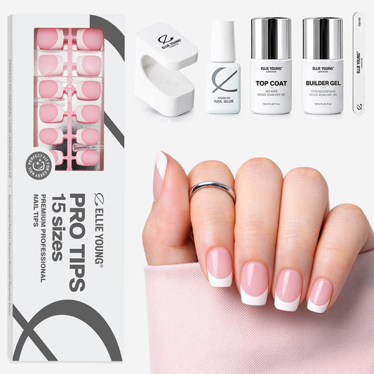 Pink Base French Tip Short Square ProTips press-on nails by Ellie Young Beauty