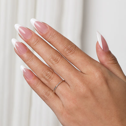 Pink French tip medium almond press-on nails with a classic manicure look