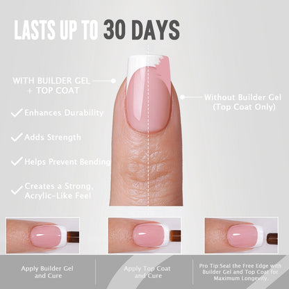 Short square nails featuring a pink base and white French tip design