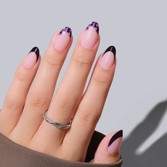 Purple Eclipse EASY PRESS short almond press-on nails featuring a stylish purple nail design