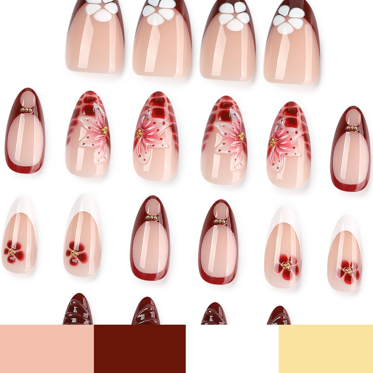 Medium almond-shaped artificial nails in the Rouge Petal design