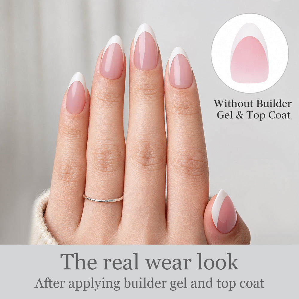 Short almond pink French manicure with a clean and classic finish