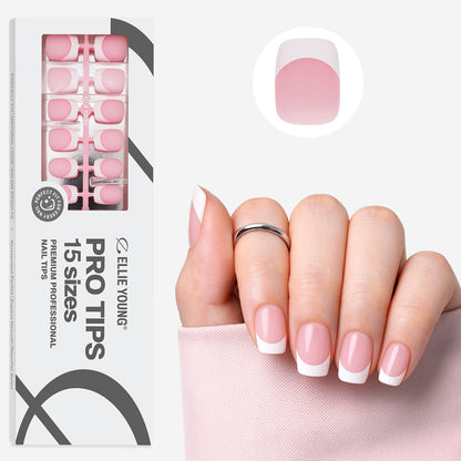 Pink French tip ProTips press-on nails in a short square shape